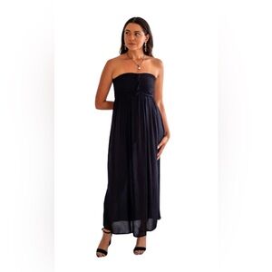 Lani Lau Navy Strapless Maxi Dress Bandeau Flowy Resort Vacation Beach S/M